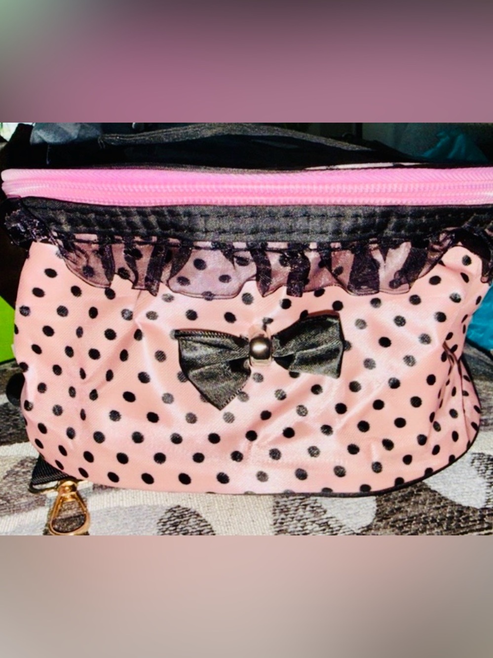 🍁 NEW 🌸 Pink Polka Dot Cosmetic Pouch with Black Bow
